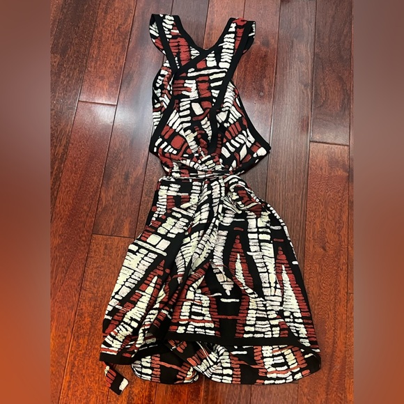 BCBGMaxAzria Asymmetrical Dress in Black, Red, and Cream - Picture 1 of 9